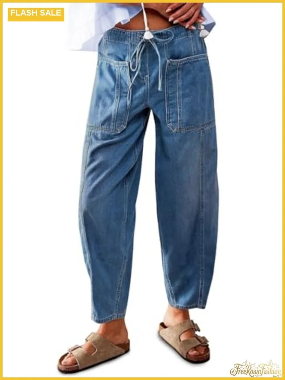 Women's Wide Leg Cropped Jeans Elastic Waist Drawstring High Rise Denim Pants